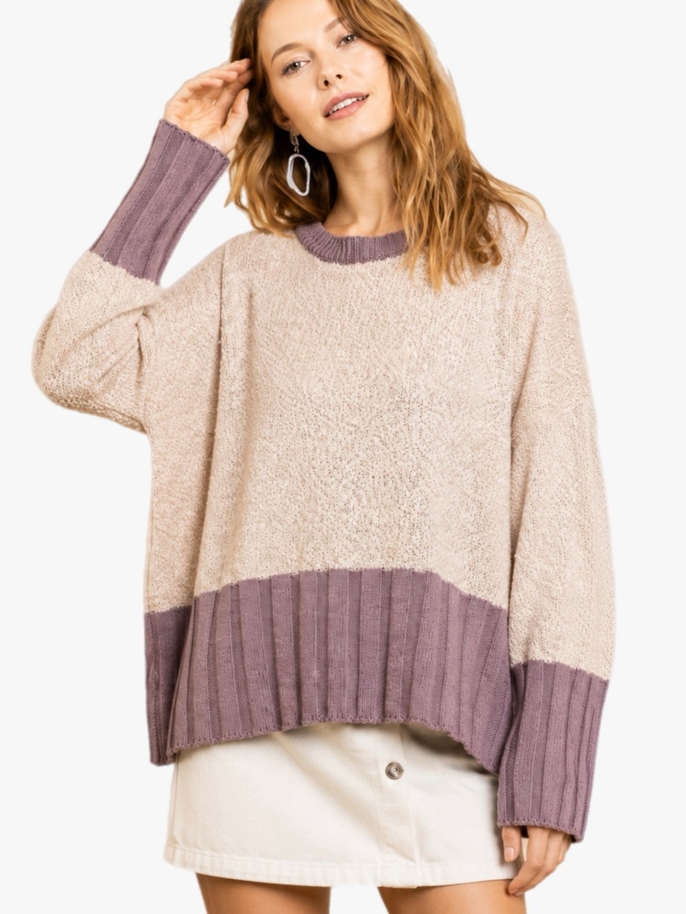 Umgee Plus Size 1X Oversized Two Tone Color Block Sweater Boho Tunic Top